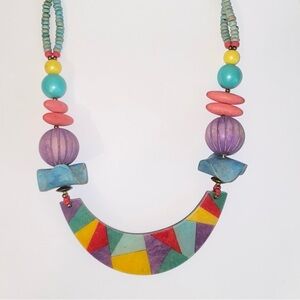 Vintage 1980s Colorful Geometric Statement Necklace Acrylic Wood & Ceramic Beads